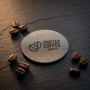 May include: A circular, grey, textured coaster featuring the dark printed logo of Crafted Coffee Supply, which includes a stylised coffee bean icon and the text Crafted Coffee Supply, surrounded by several scattered roasted coffee beans.