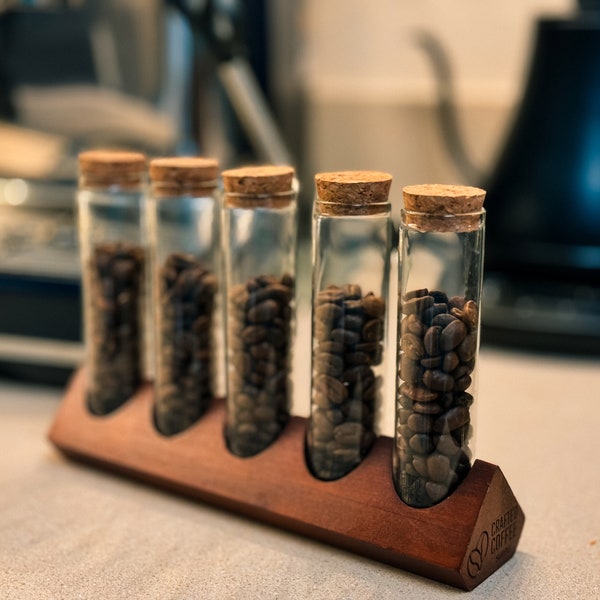 Premium Glass Espresso Coffee Bean Storage Set with Cork Lids and Wooden Base - Set of 5 Dosing Vials