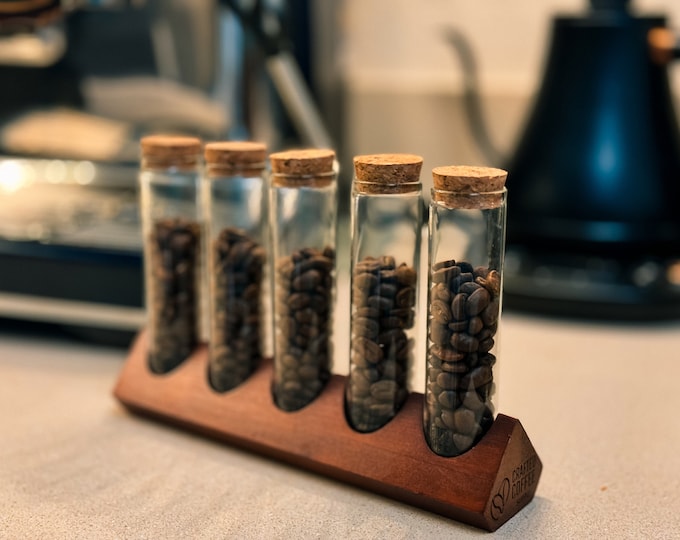 Premium Glass Espresso Coffee Bean Storage Set with Cork Lids and Wooden Base - Set of 5 Dosing Vials