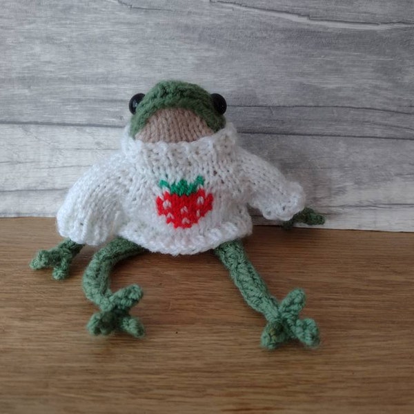 Hand Knitted strawberry sweater for  little knitted frog.