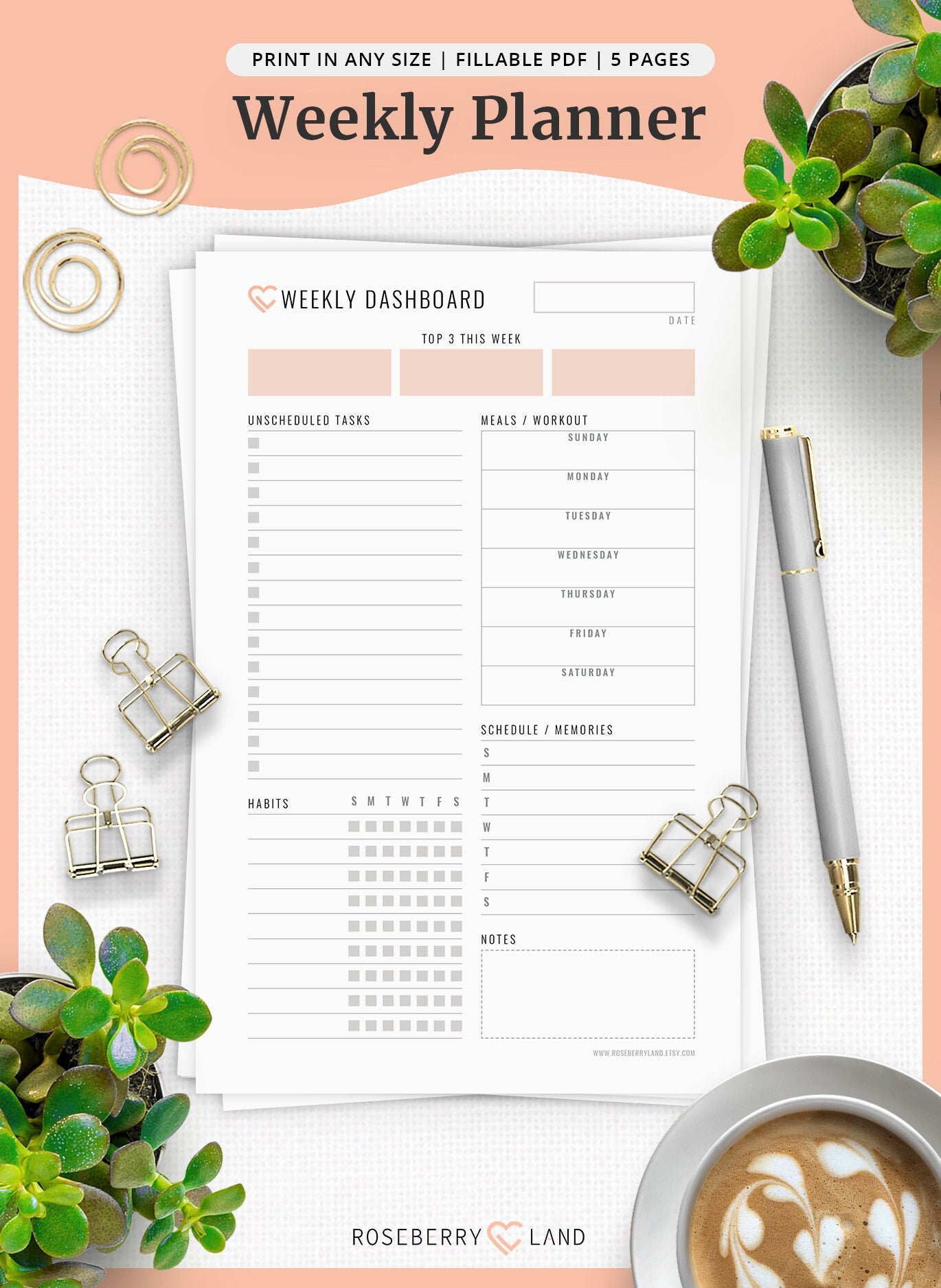 weekly planner printable planner pages any size 5 pages etsy