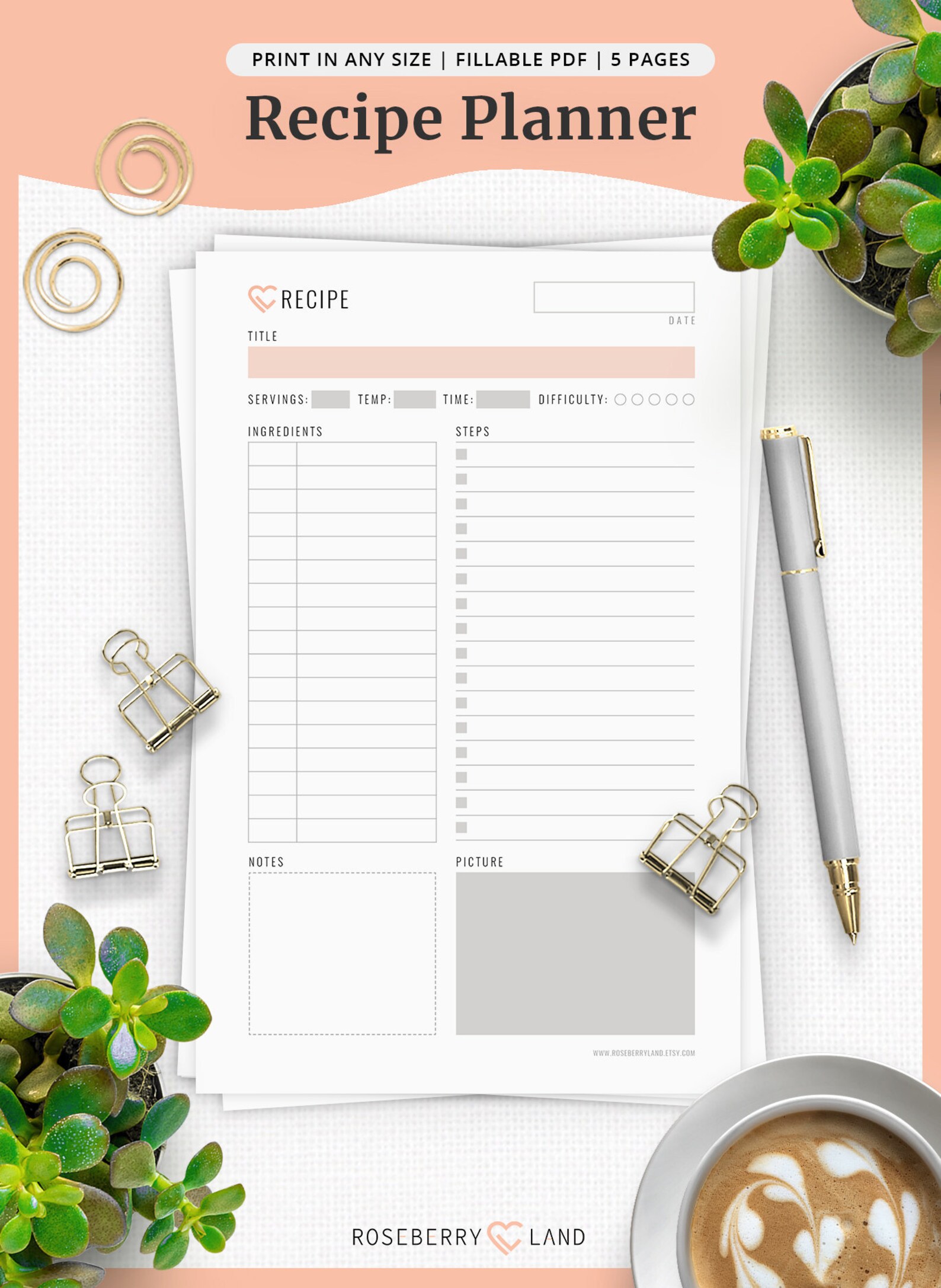recipe-planner-printable-pages-any-size-5-pages-etsy
