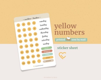 Sticker sheet - Yellow numbers and headers - Decorate your planner, bullet journal, traveler's notebook, scrapbook