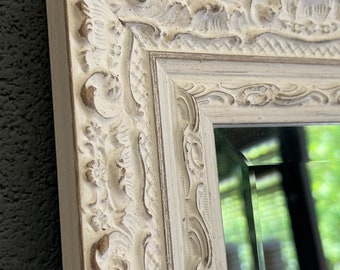 Handcrafted Mirror White ornate shabby chic solid wood boho cottagecore