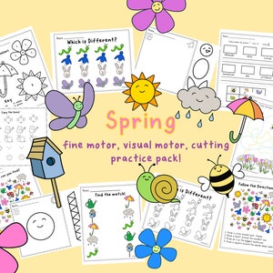 May include: A set of printable spring-themed worksheets for kids. The worksheets feature various activities, including coloring, tracing, matching, and counting. The worksheets are designed to help children develop fine motor skills, visual motor skills, and cutting skills.