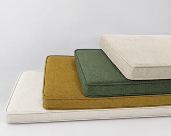 Linen Custom Bench Cushion, Piped Edge Window Seat Cushion, Indoor Built-In Bench Cushion, Handmade Bay Window Seat