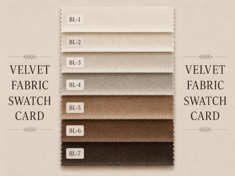 May include: A velvet fabric swatch card featuring seven horizontal strips of fabric in a gradient of neutral tones ranging from cream to dark brown. Each strip is labeled with a white tag marked BL-1 through BL-7. The text VELVET FABRIC SWATCH CARD is printed on both sides of the fabric samples.