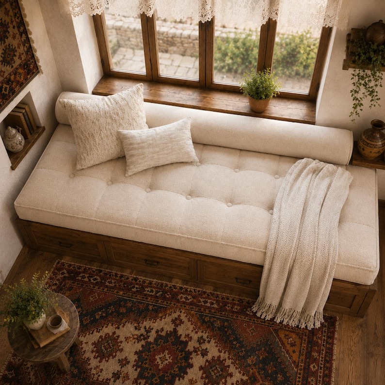 May include: A daybed with a tufted beige cushion, a long cylindrical bolster pillow, and two rectangular throw pillows. The base is made of dark wood with integrated storage drawers. A cream-colored knit throw blanket is draped over the edge.