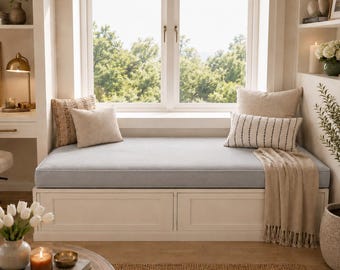 Light Gray Velvet Window Seat Cushion, Custom Bench Cushion, Bay Window Cushion, Indoor Seating Accent
