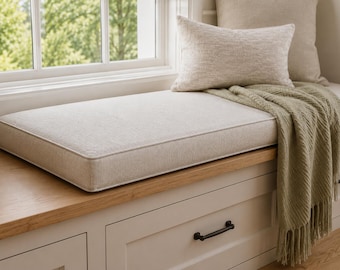 Linen Custom Bench Cushion, Piped Edge Window Seat Cushion, Indoor Built-In Bench Cushion, Handmade Bay Window Seat