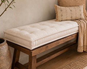 White Linen Custom Bench Cushion, Tufted Indoor Bench Cushion, Window Seat Cushion, Handmade Entryway Bench Seat