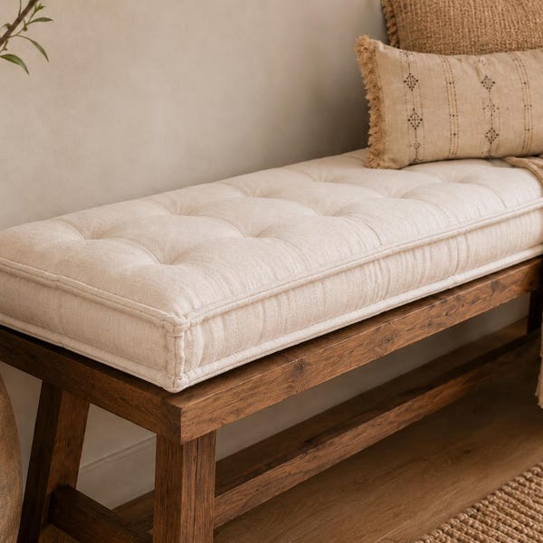 White Linen Custom Bench Cushion, Tufted Indoor Bench Cushion, Window Seat Cushion, Handmade Entryway Bench Seat