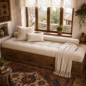 May include: A wooden daybed with three storage drawers underneath, topped with a tufted beige cushion, a long bolster pillow, two square throw pillows, and a cream-colored knit throw blanket with fringe, positioned in front of a window.