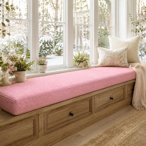 Soft Pink Window Seat Cushion, Custom Indoor Bench Cushion, Piped Edge Cushion, Handmade Built-In Bench Seat