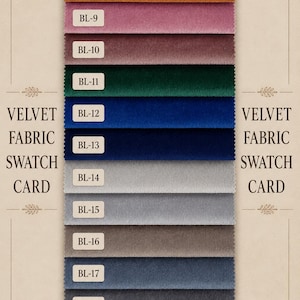 May include: A velvet fabric swatch card featuring twelve horizontal strips of fabric in various colors, including brown, pink, mauve, dark green, blue, and shades of gray. Each strip is labeled with a white tag marked BL-8 through BL-19.
