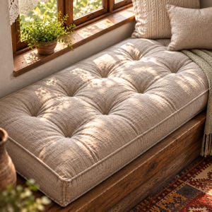May include: A rectangular beige tufted floor cushion with a textured fabric finish, positioned on a wooden bench. The cushion features a grid of button-tufted indentations across its surface, providing a structured and padded appearance.