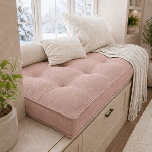 May include: A dusty pink tufted bench cushion sits atop a light wood storage unit. The cushion features a textured fabric surface with button detailing. Two cream-colored throw pillows and a cream knit throw blanket are placed on the cushion.