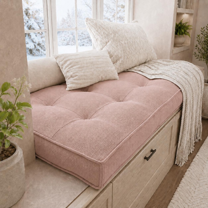 May include: A dusty pink tufted bench cushion sits atop a light wood storage unit. The cushion features a textured fabric surface with button detailing. Two cream-colored throw pillows and a cream knit throw blanket are placed on the cushion.