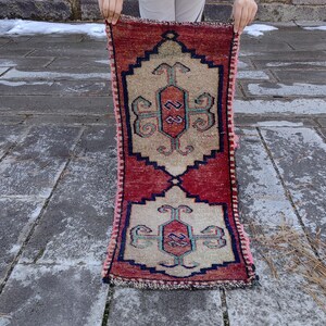 1x3 Turkish Bathroom Rug, Bohemian Rug, 1x3 Small Kitchen Rug, 1x3 Doormat Rug, Red Beige Rug, Vintage Small Rug, Oushak Rug, 1.5x3.5ft