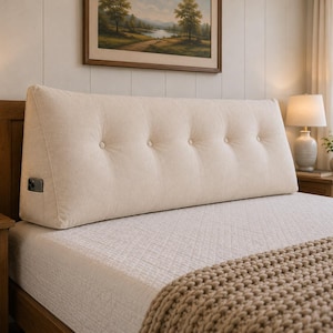 May include: A large, wedge-shaped, cream-colored headboard pillow featuring a tufted design with six fabric-covered buttons arranged in two rows. The side of the pillow includes a small, integrated pocket containing a smartphone.