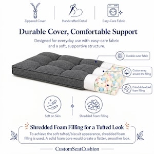 May include: A rectangular dark gray tufted seat cushion with a cutaway view revealing a white cotton wrap and colorful shredded foam filling. The image includes text labels for features like zippered cover, handcrafted detail, and easy-care fabric.