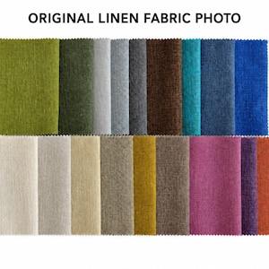 May include: A collection of rectangular linen fabric swatches arranged in two rows, featuring a diverse palette of colors including lime green, olive, gray, brown, teal, blue, beige, mustard yellow, magenta, purple, and burnt orange.