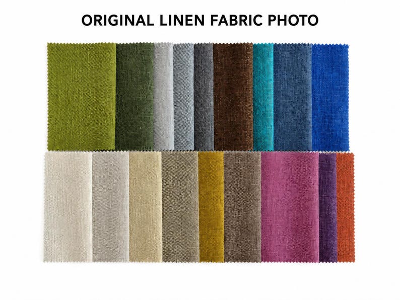 May include: A collection of rectangular linen fabric swatches arranged in two rows, featuring a diverse palette of colors including lime green, olive, gray, brown, teal, blue, beige, mustard yellow, magenta, purple, and burnt orange.