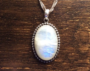 Vintage Indian Sterling Silver Moonstone Cabochon Pendant Necklace And Singapore Chain