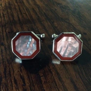 Sterling silver red stone and mother of pearl octagonal cufflinks
