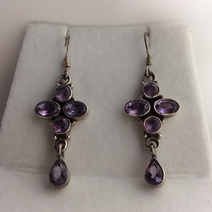 Vintage sterling silver and faceted amethyst cross shaped hook earrings