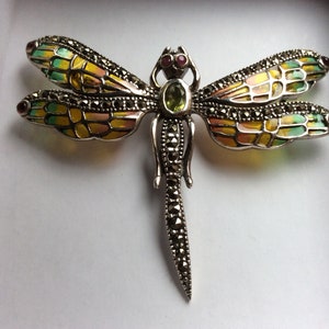May include: A silver dragonfly brooch with green, yellow, and pink enamel wings. The dragonfly has a green gemstone in the center and red gemstones for eyes.