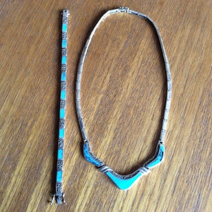 Vintage 830 silver marcasite and blue enamel necklace and bracelet