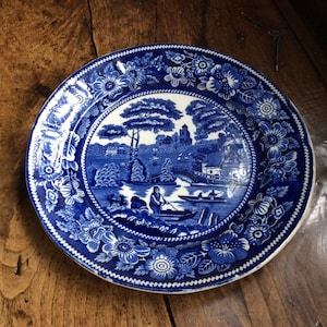 Antique Victorian Blue And White Transfer Printed Plate With River Punting Scene