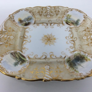 Antique Victorian gilded bread and butter plate with scenic landscapes