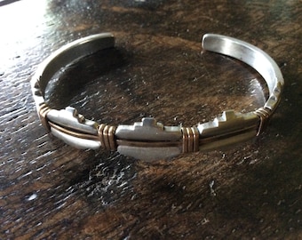 Southwestern sterling silver and copper kiva-step design bangle bracelet