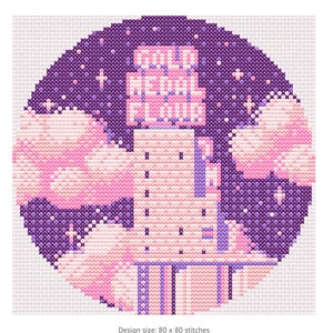 Könnte beinhalten: Ein Kreuzstich-Design in Lila und Rosa mit dem Text "Cold Neon Blood" in einem Kreis mit Wolken und Sternen.