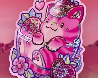 Strawberry Cat Holographic Glitter Vinyl Sticker