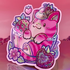 Strawberry Cat Holographic Glitter Vinyl Sticker