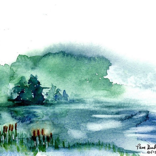 Lake Watercolor PRINT called  "The Mist" of my original watercolor painting, available in two standard sizes 5 x 7 or 8 x 10