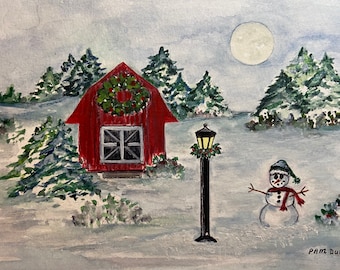 Winter Snowman (12) Christmas Cards w/inside message. Watercolor design named "Moonlight on a Winter's Night", 5 x 7 cards w/envelopes.