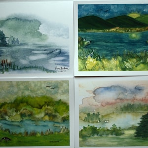 ASSORTED (8) Watercolor Blank Notecards - 2 each design, Watercolor Nature Landscapes, standard sz 4.25 x 5.5 with envelopes