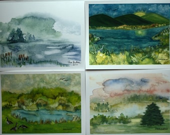 ASSORTED (8) Watercolor Blank Notecards - 2 each design, Watercolor Nature Landscapes, standard sz 4.25 x 5.5 with envelopes