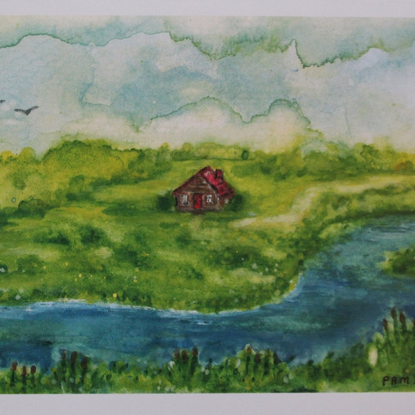 Log Cabin (8) Watercolor Notecards, blank inside. Little red cabin by stream of original painting  "Cozy Cabin",  4.25 x 5.5 with envelopes