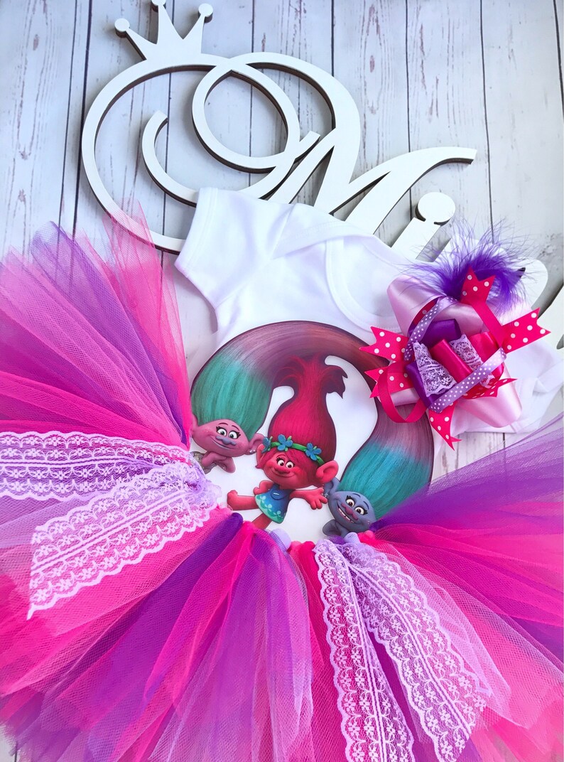 Princess poppy trolls outfit tutu set puffy tutu skirt t-shirt and headband birthday tutu halloween party outfit dress europe costume