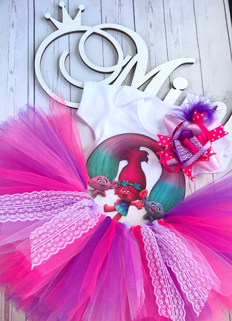 Princess poppy trolls outfit tutu set puffy tutu skirt t-shirt and headband birthday tutu halloween party outfit dress europe costume