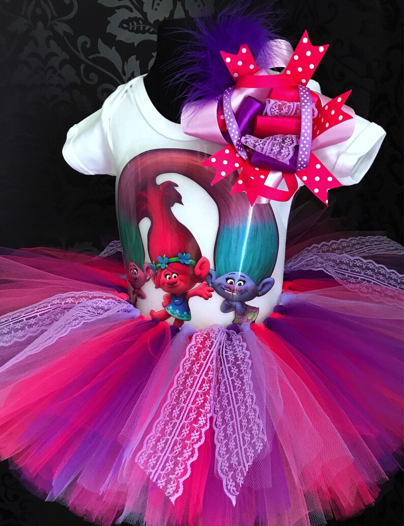 Princess poppy trolls outfit tutu set puffy tutu skirt t-shirt and headband birthday tutu halloween party outfit dress europe costume