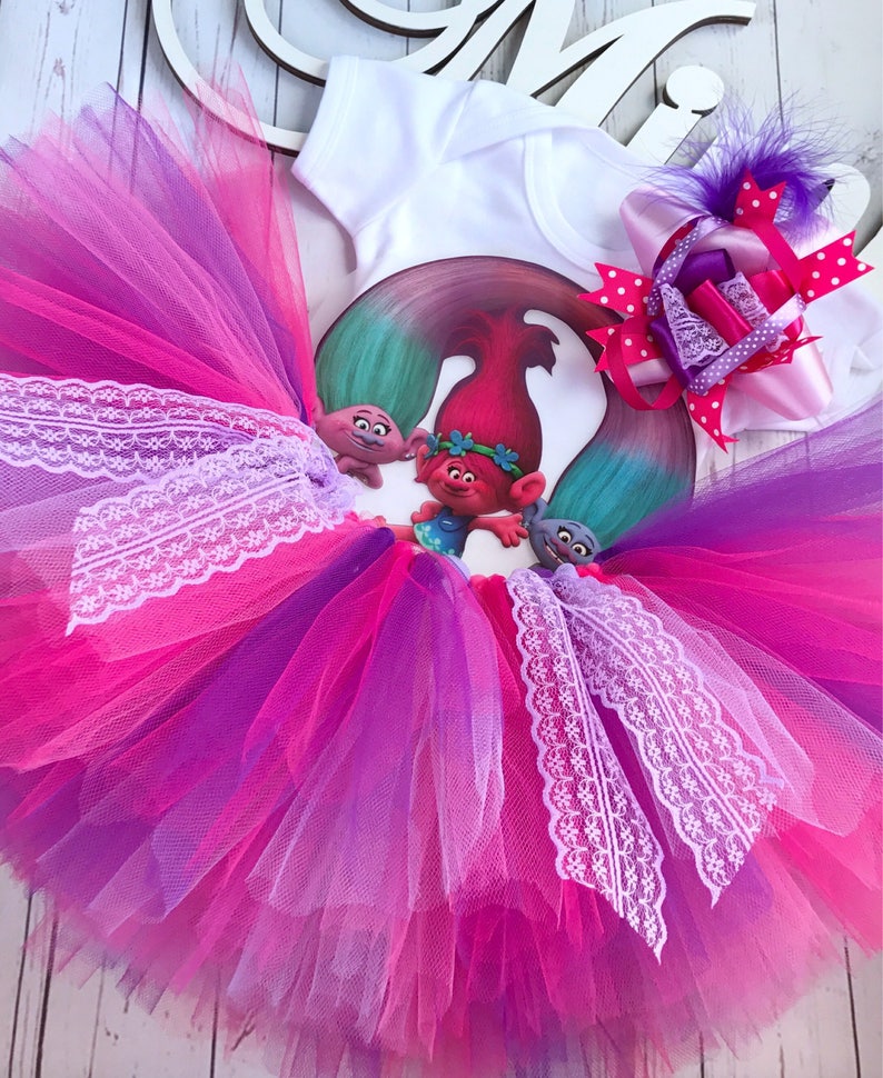 Princess poppy trolls outfit tutu set puffy tutu skirt t-shirt and headband birthday tutu halloween party outfit dress europe costume