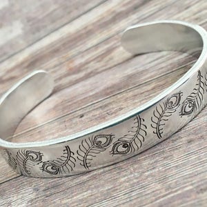 Peacock feather cuff-feather jewelry-feather bracelet-hand stamped bracelet-hand stamped cuff-gifts for mom-gifts under 20-custom bracelet