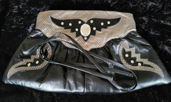 Vintage Silver and Black Leather and Rhinestone C… - image 2