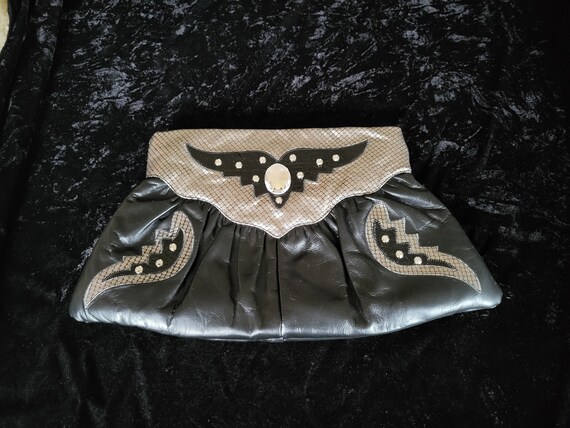 Vintage Silver and Black Leather and Rhinestone C… - image 1
